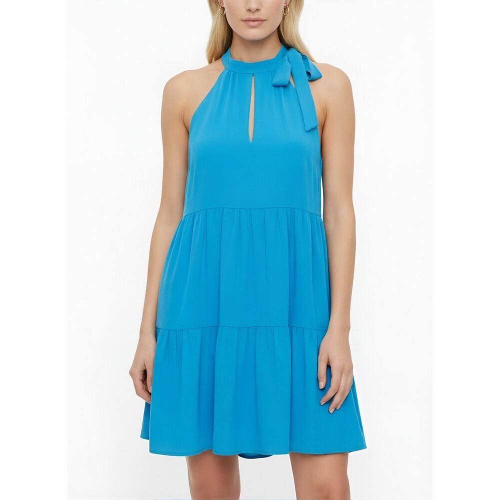 Amanda Uprichard Halter Tiered Ruffle Mini Dress Ocean Blue Size M EUC